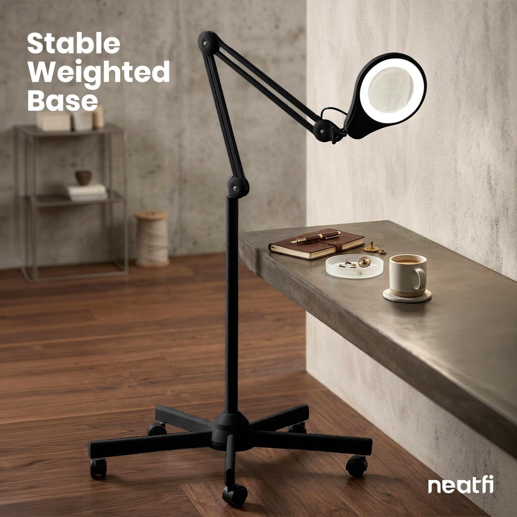 5" Wide Bifocals Glass Lens – 1200 Lumens LED Magnifying Floor Lamp with Rolling Base, Black