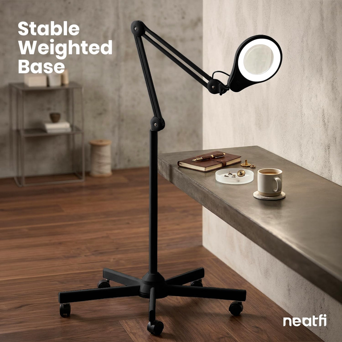 5" Wide Bifocals Glass Lens – 1200 Lumens LED Magnifying Floor Lamp with Rolling Base, Black