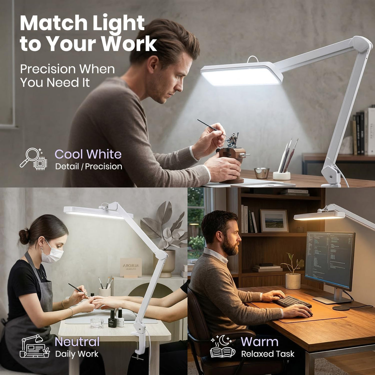 2500 Lumens LED Desk Lamp with Clamp – 22" Wide Shade, 5 Color Modes for Nails & Crafts, White