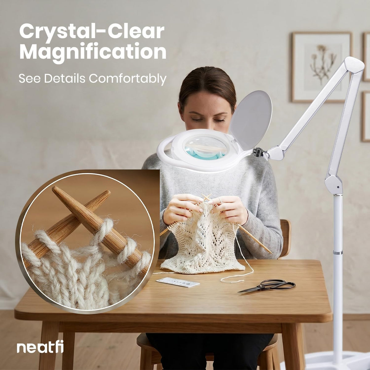 5" LED Magnifying Floor Lamp – 1,000 Lumens, 5D Magnification, Adjustable CCT, Rolling Base, White