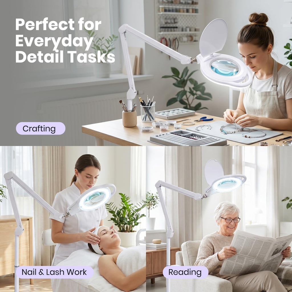 5" LED Magnifying Floor Lamp – 1,000 Lumens, 5D Magnification, Adjustable CCT, Rolling Base, White
