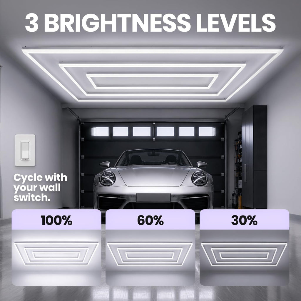 52,800 Lumens Dimmable LED Garage Light, 3 Rectangles, Close-to-Ceiling, Cool White