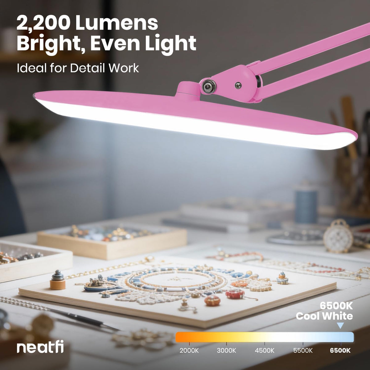 Pro Series 20” LED Desk Lamp – True Color Accuracy (CRI 95), 2200 Lumens, Dimmable & Adjustable Arm, Pink