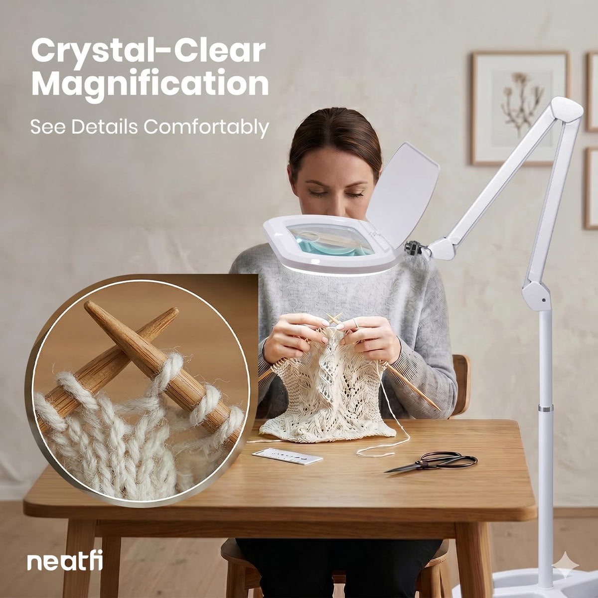 6.8" Lens LED Magnifying Floor Lamp – 3D + 12D, 1.75x/4x, Dimmable 6500K, Adjustable Arm, White