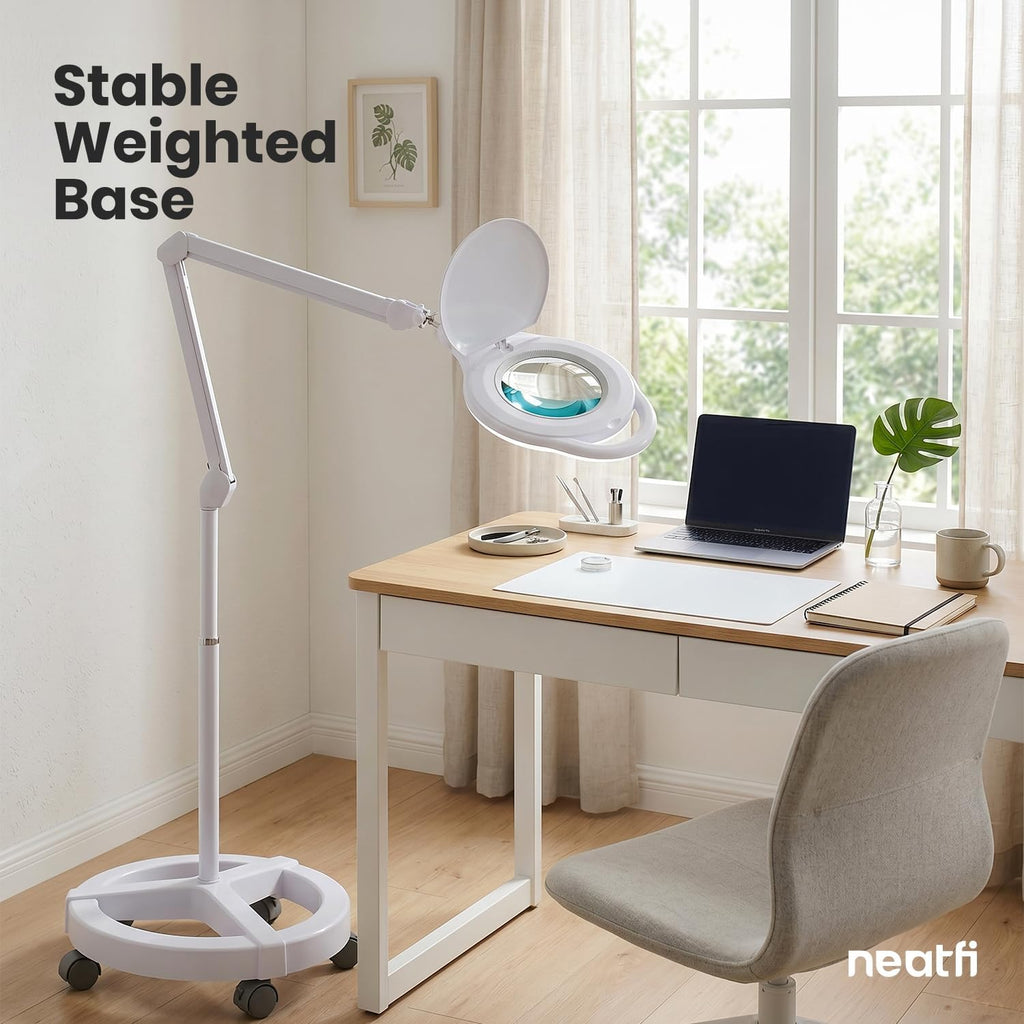 5" LED Magnifying Floor Lamp – 1,000 Lumens, 5D Magnification, Adjustable CCT, Rolling Base, White