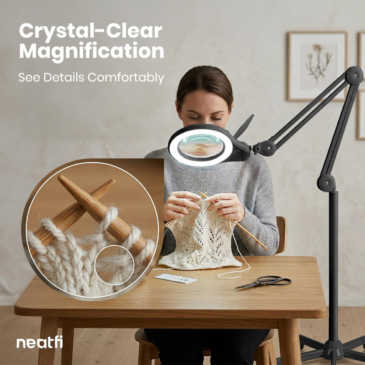 5" Wide Bifocals Glass Lens – 1200 Lumens LED Magnifying Floor Lamp with Rolling Base, Black