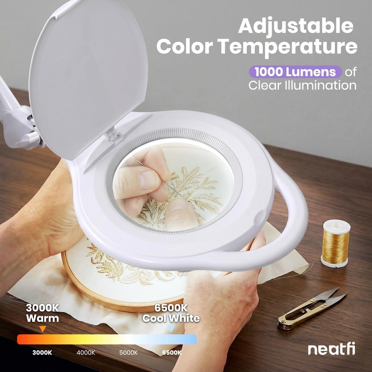 5" LED Magnifying Floor Lamp – 1,000 Lumens, 5D Magnification, Adjustable CCT, Rolling Base, White