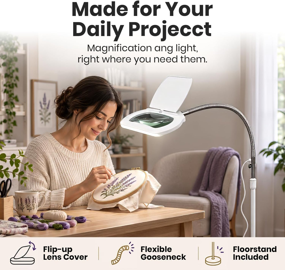 Bifocals Pro LED Magnifying Floor Lamp, 1200 Lumens, CRI 95, 7-Inch, White