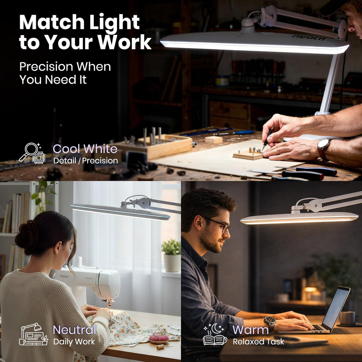 2200 Lumens LED Desk Lamp with Base – 23" Wide Shade, Dimmable, 3 Light Modes, White