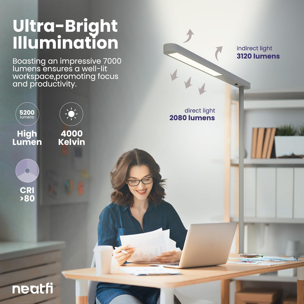 Lampe de bureau LED Premium 38", 5200 lumens – Lumière ultra-lumineuse, à pince, 40W, température de couleur 4000K, tête réglable – Idéale pour le bureau à domicile et l'étude – Grise