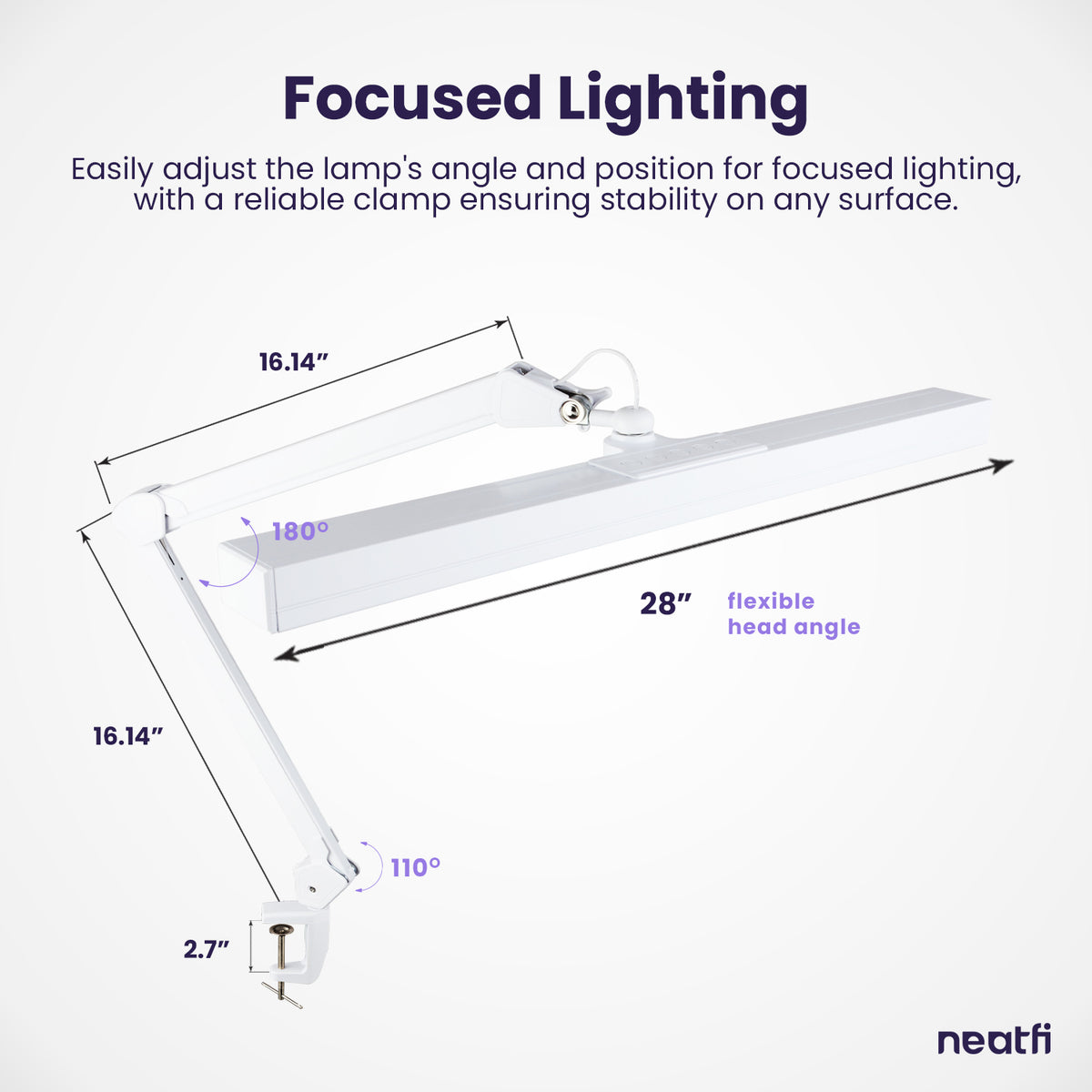 3000 Lumens Flex Desk Lamp with Clamp, Metal Arm – 28" Wide, 5 Light Modes, Dimmable Light, White