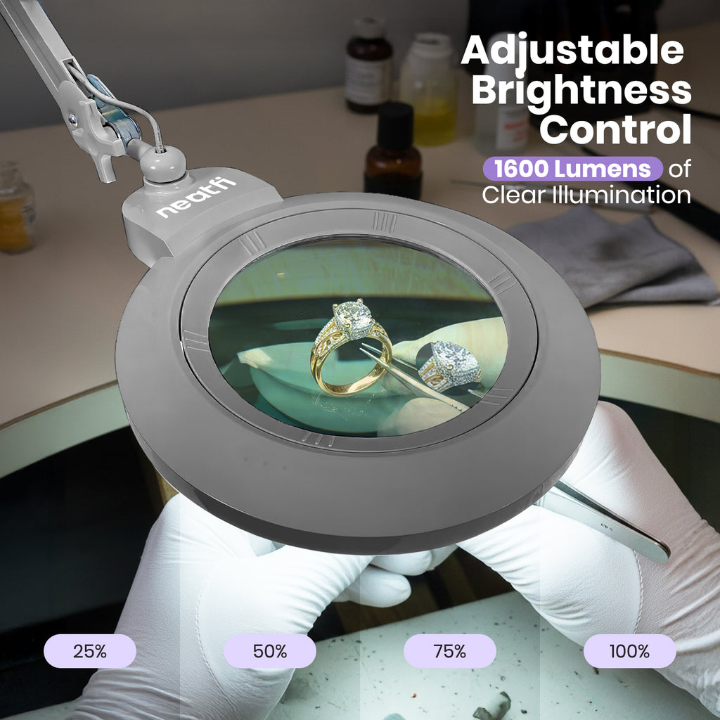7” Wide Acrylic Lens LED Magnifying Lamp with Clamp – 1600 Lumens, Dimmable for Close Works, Silver