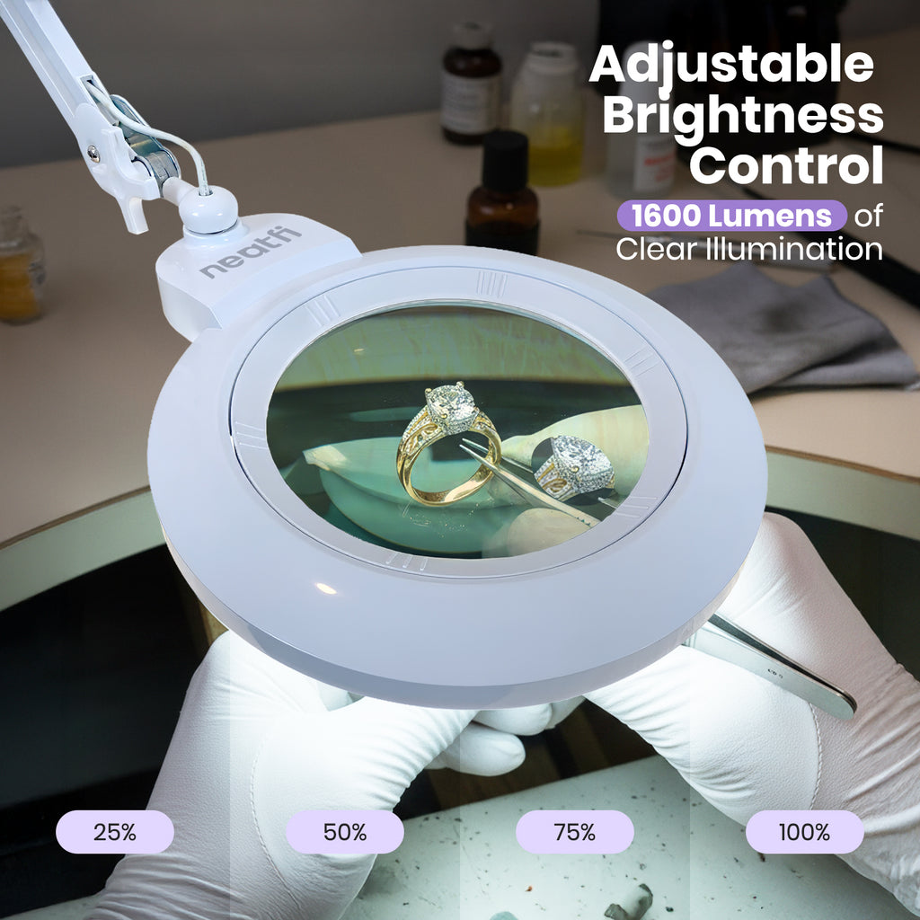 7” Wide Acrylic Lens LED Magnifying Lamp with Clamp – 1600 Lumens, Dimmable for Close Works, White