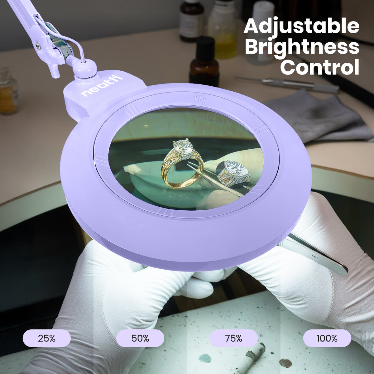 7” Wide Acrylic Lens LED Magnifying Lamp with Clamp – 1600 Lumens, Dimmable for Close Works, Lavender