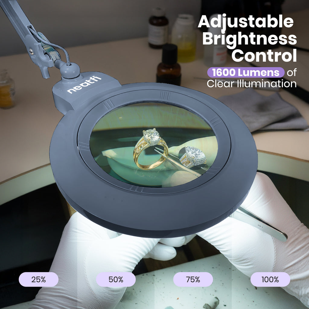 7” Wide Acrylic Lens LED Magnifying Lamp with Clamp – 1600 Lumens, Dimmable for Close Works, Gray
