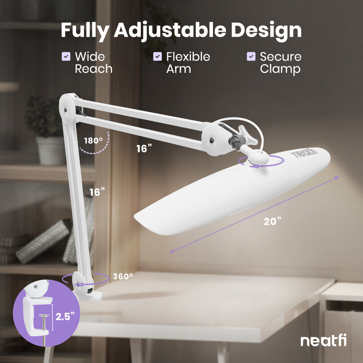 20” Wide Head LED Desk Lamp with Clamp – 2200 Lumens Task Light for Home Office & Crafts, White