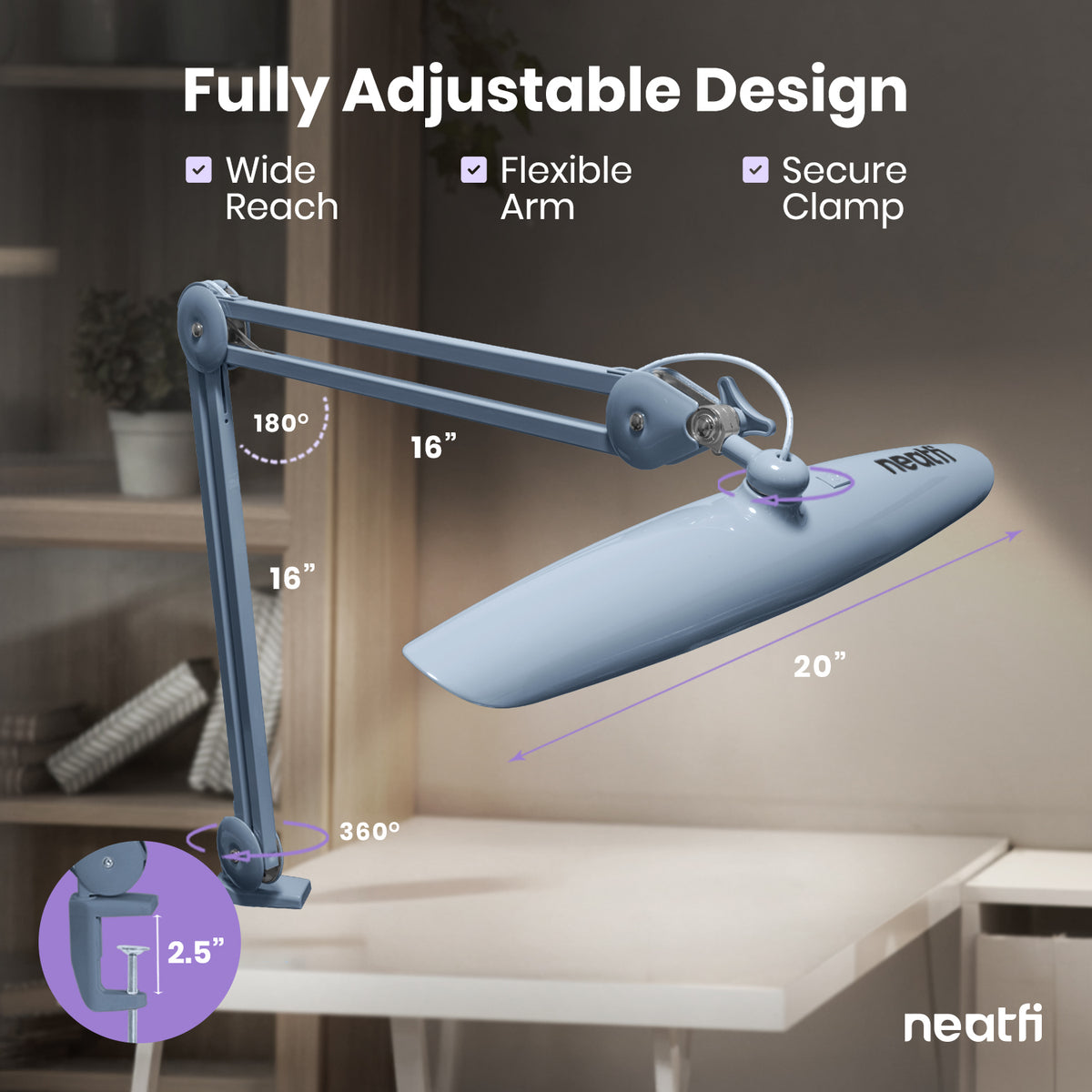20” Wide Head LED Desk Lamp with Clamp – 2200 Lumens Task Light for Home Office & Crafts, Gray