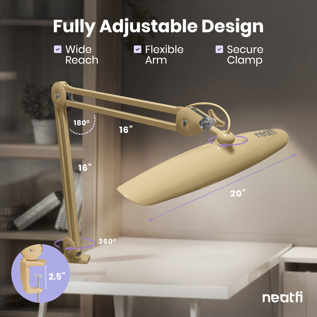 20” Wide Head LED Desk Lamp with Clamp – 2200 Lumens Task Light for Home Office & Crafts, Gold