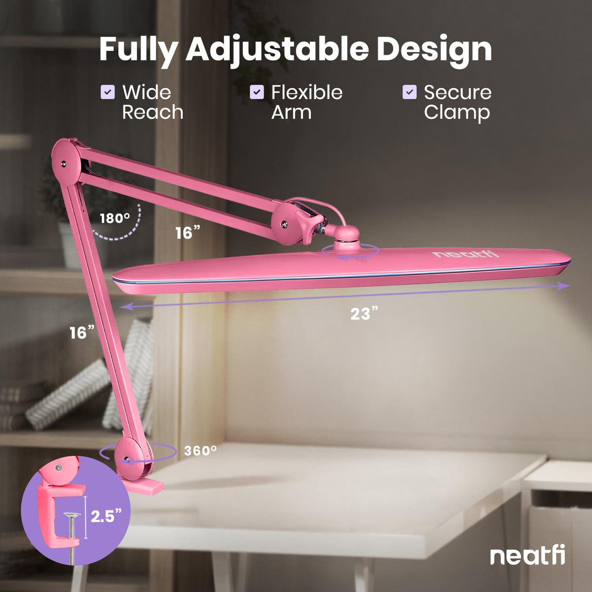 23” Wide Shade, 2200 Lumens LED Desk Lamp with Clamp – Dimmable, Eye-Caring Task Light, Pink
