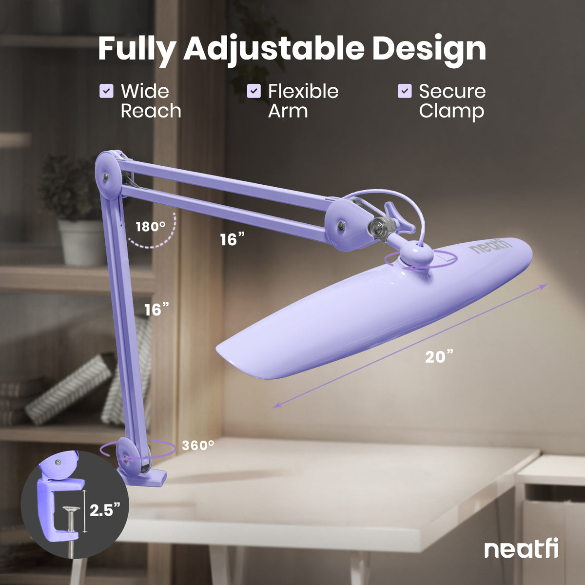 20” Wide Head LED Desk Lamp with Clamp – 2200 Lumens Task Light for Home Office & Crafts, Lavender