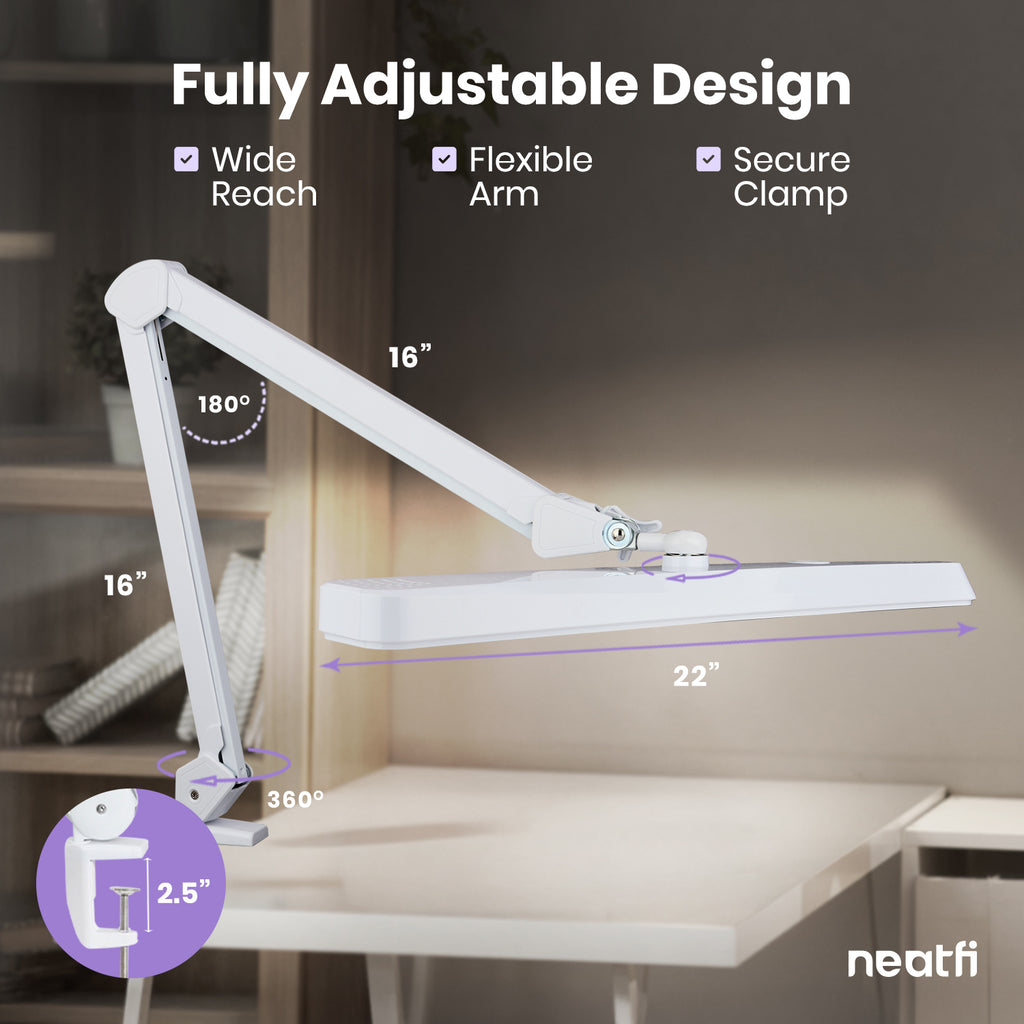 22” Wide Shade LED Desk Lamp with Clamp – 2500 Lumens Task Light for Workbench & Crafts, White