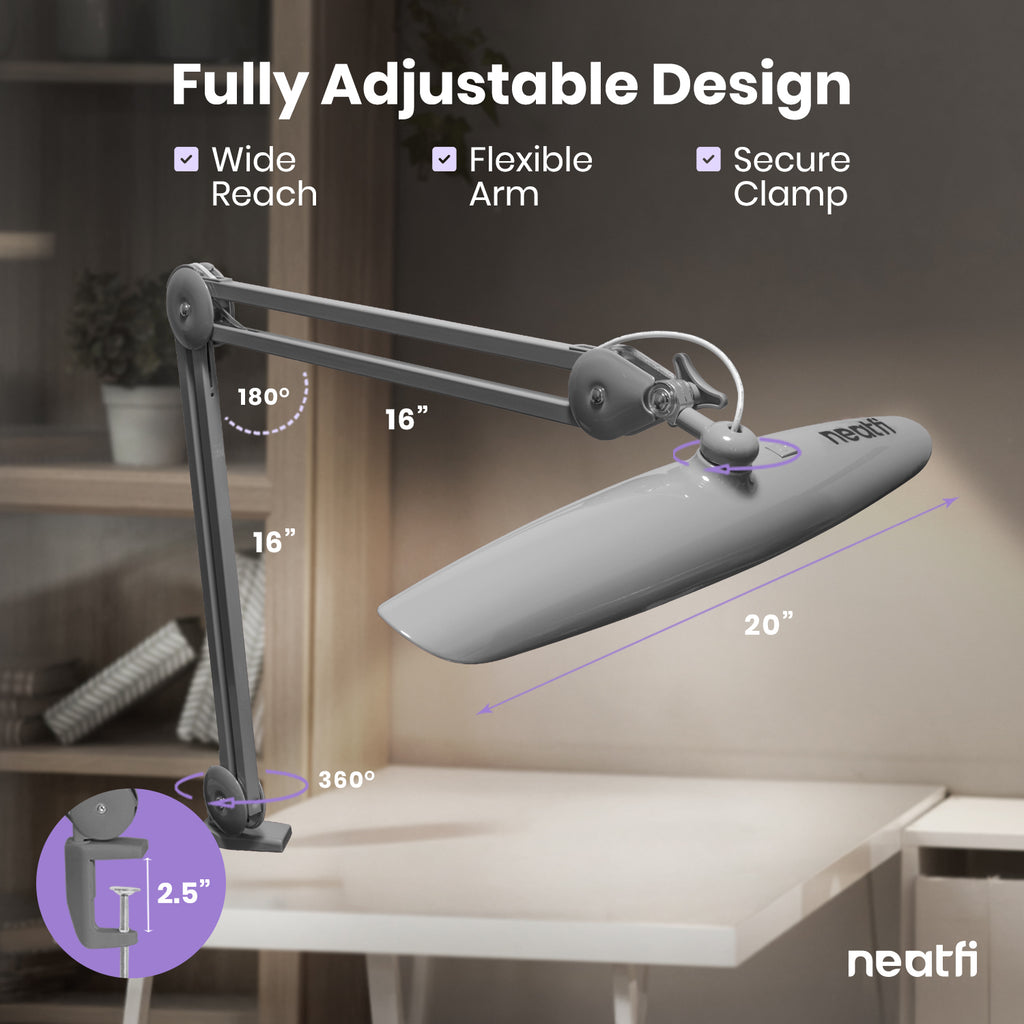 20” Wide Head LED Desk Lamp with Clamp – 2200 Lumens Task Light for Home Office & Crafts, Silver
