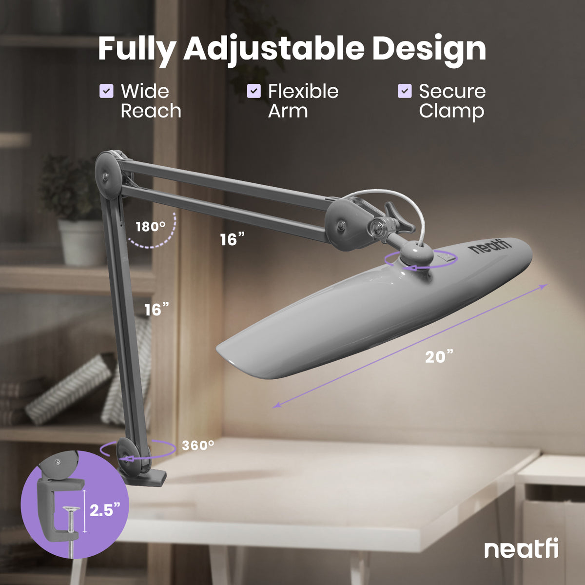 20” Wide Head LED Desk Lamp with Clamp – 2200 Lumens Task Light for Home Office & Crafts, Silver