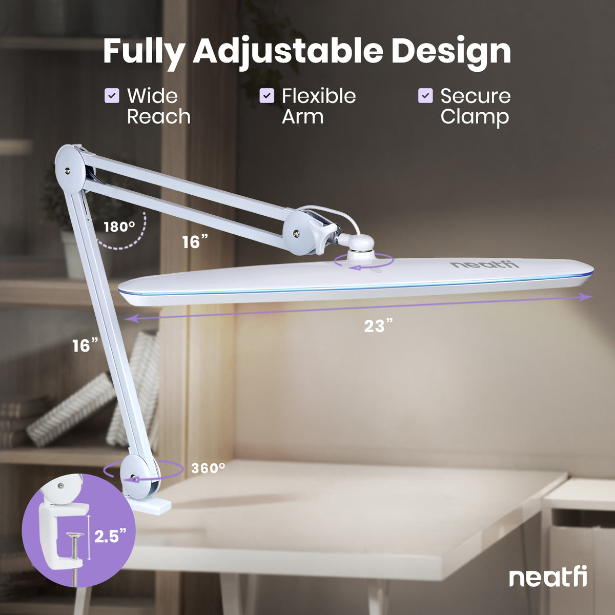 23” Wide Shade, 2200 Lumens LED Desk Lamp with Clamp – Dimmable, Eye-Caring Task Light, White