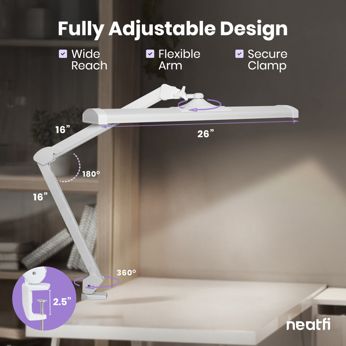 3500 Lumens LED Desk Lamp – 26” Ultra-Wide Shade, Non-Flickering Task Light with Clamp, White