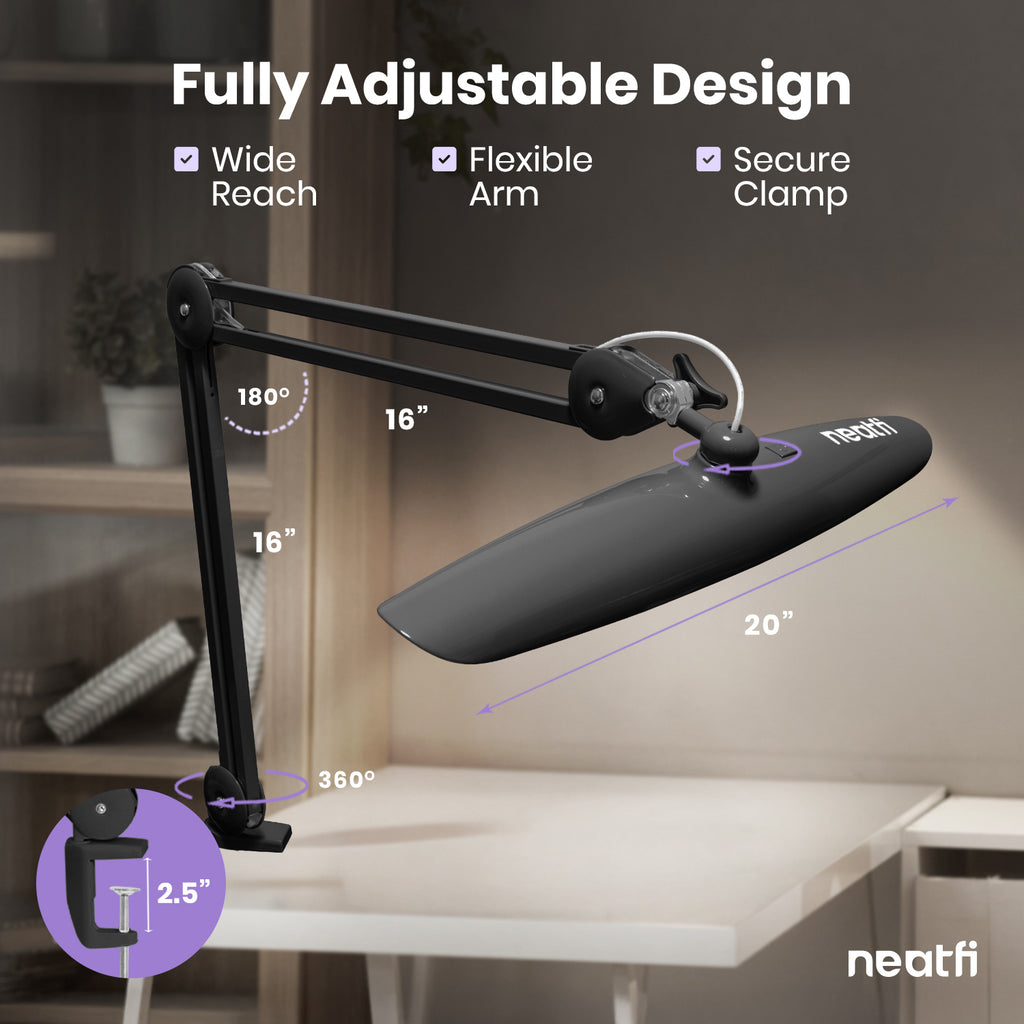 20” Wide Head LED Desk Lamp with Clamp – 2200 Lumens Task Light for Home Office & Crafts, Space Gray