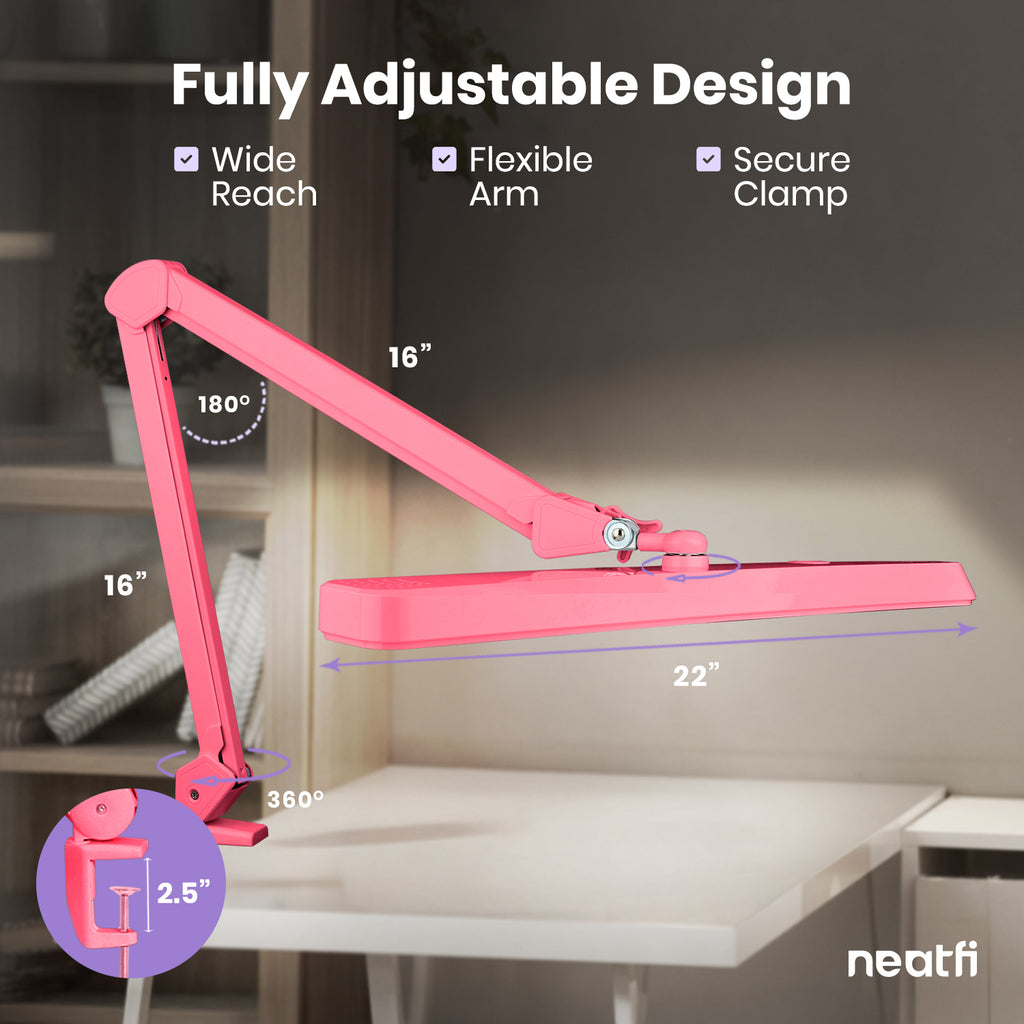 22” Wide Shade LED Desk Lamp with Clamp – 2500 Lumens Task Light for Workbench & Crafts, Pink