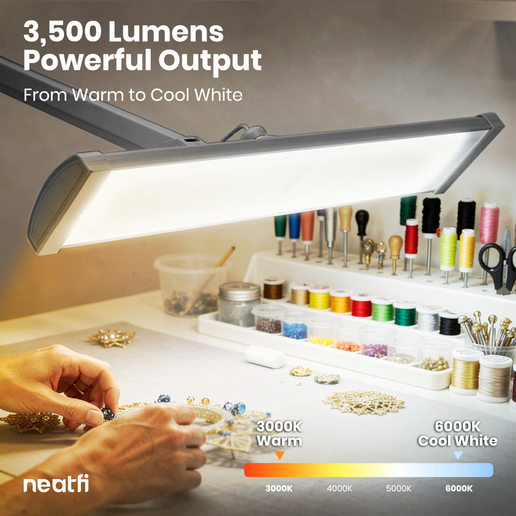 3500 Lumens LED Desk Lamp – 26” Ultra-Wide Shade, Non-Flickering Task Light with Clamp, Silver
