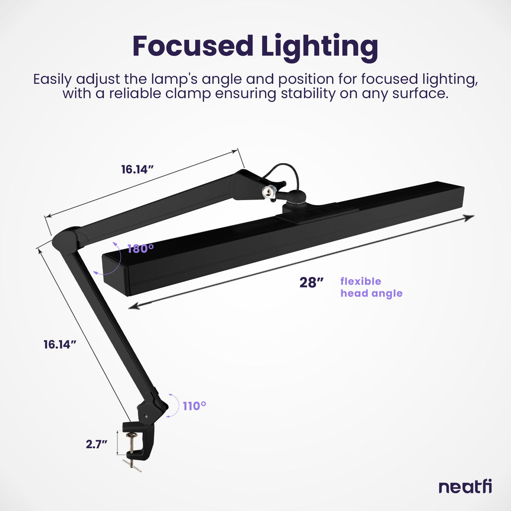 3000 Lumens Flex Desk Lamp with Clamp, Metal Arm – 28" Wide, 5 Light Modes, Dimmable Light, Black