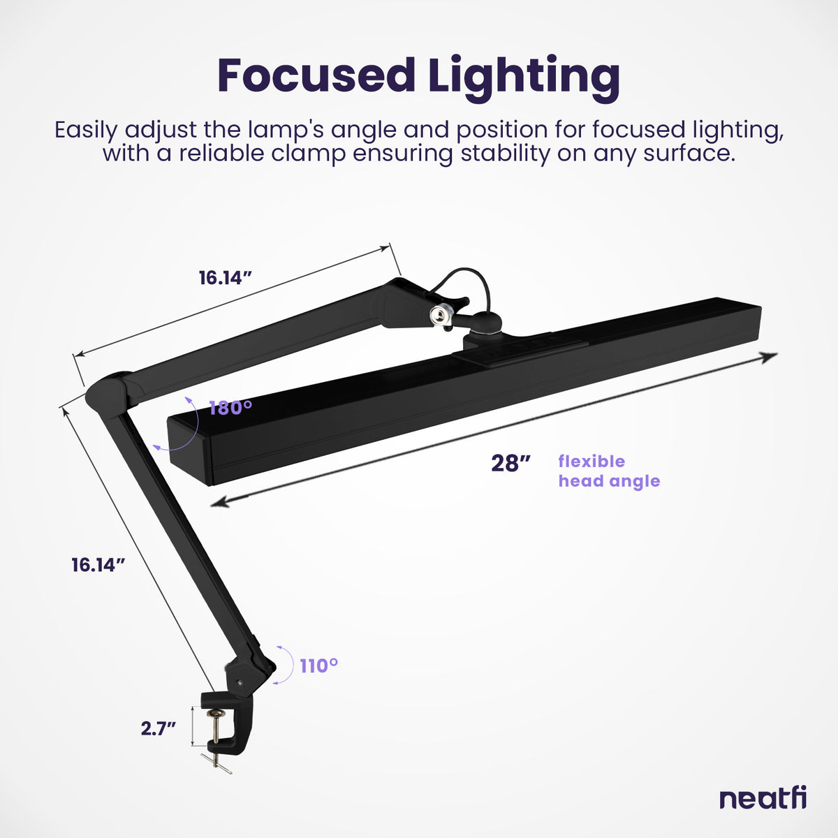 3000 Lumens Flex Desk Lamp with Clamp, Metal Arm – 28" Wide, 5 Light Modes, Dimmable Light, Black
