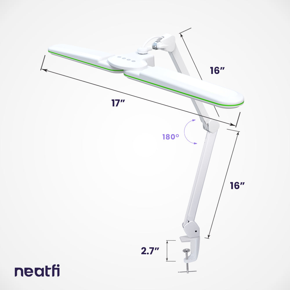 17” Wide Shade Elite LED Desk Lamp with Clamp – 3 Light Modes, Non-Polar Dimming, Green Ring