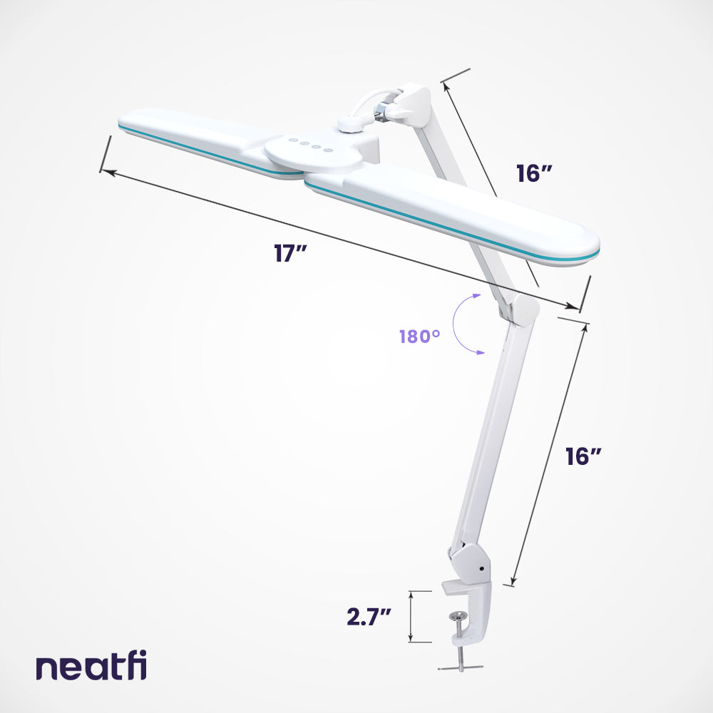 Lámpara de escritorio LED Shade Elite de 17" de ancho con abrazadera – 3 modos de luz, atenuación no polar, anillo azul