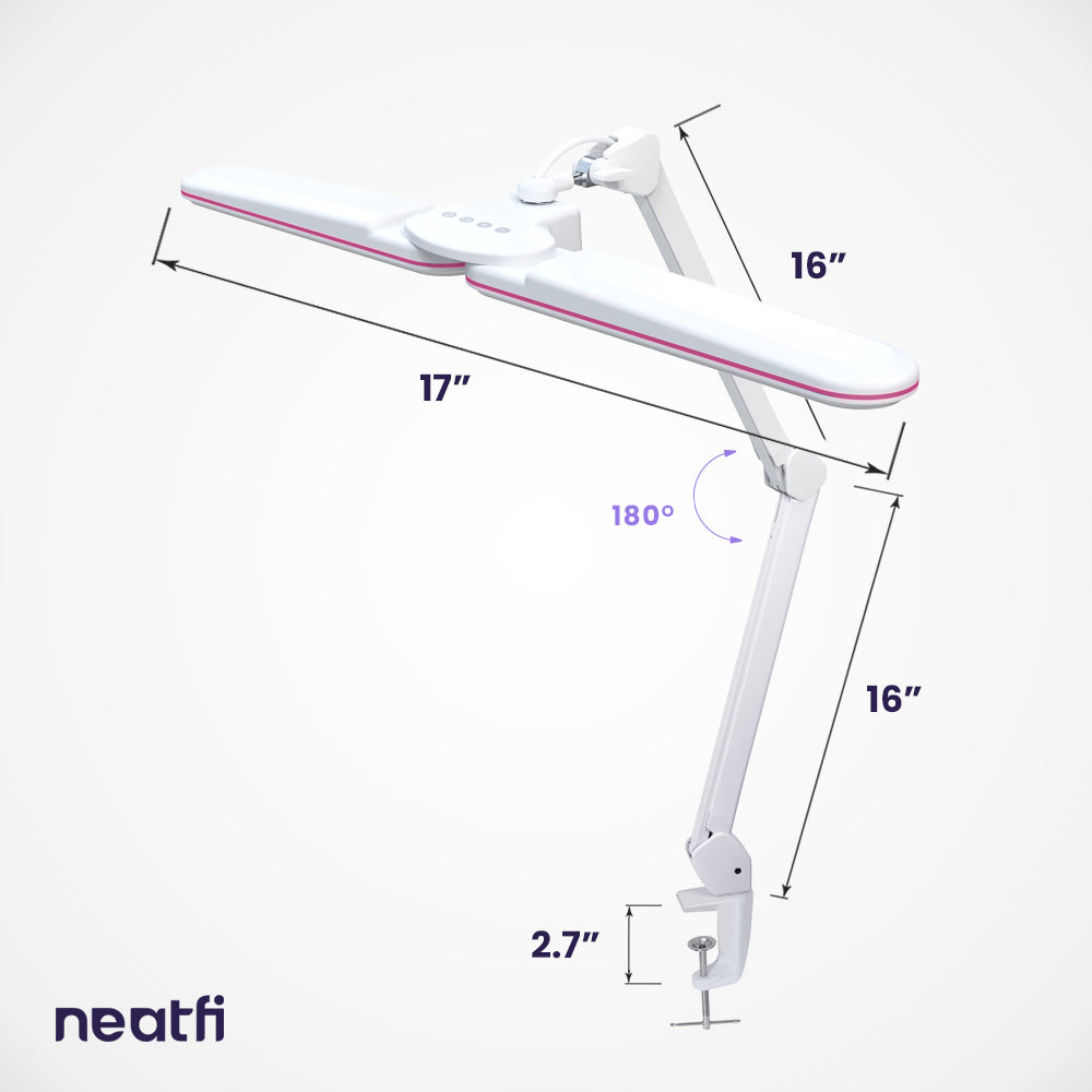 17” Wide Shade Elite LED Desk Lamp with Clamp – 3 Light Modes, Non-Polar Dimming, Pink Ring
