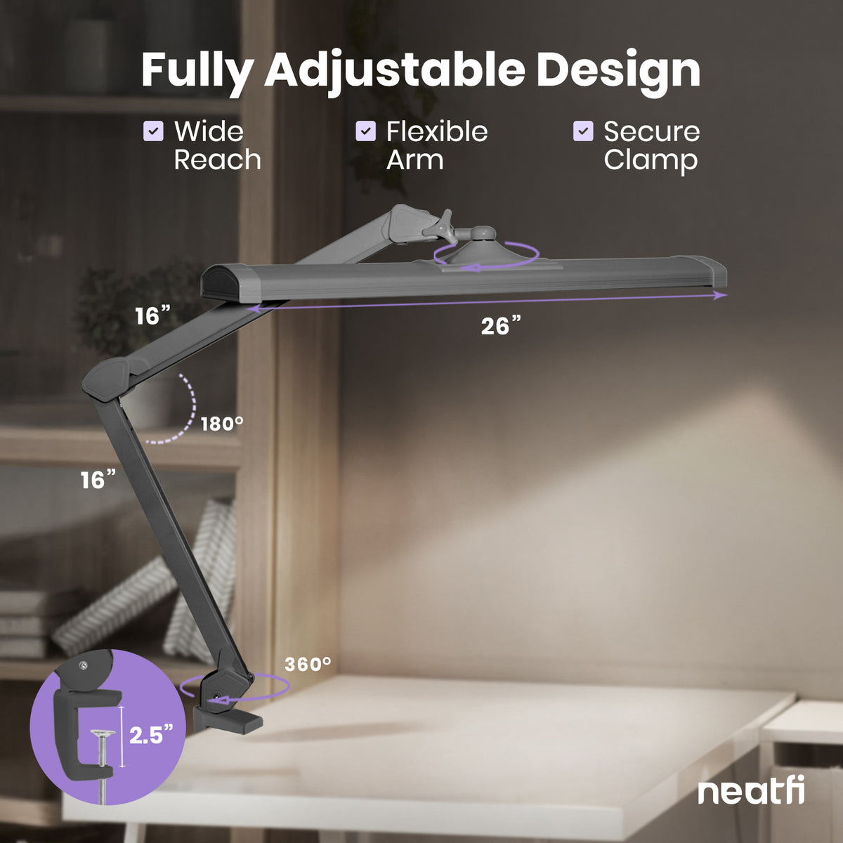 Lampe de bureau LED à pince 3500 lumens – Ultra-large 66 cm, 3 modes d'éclairage, contrôle tactile, argenté