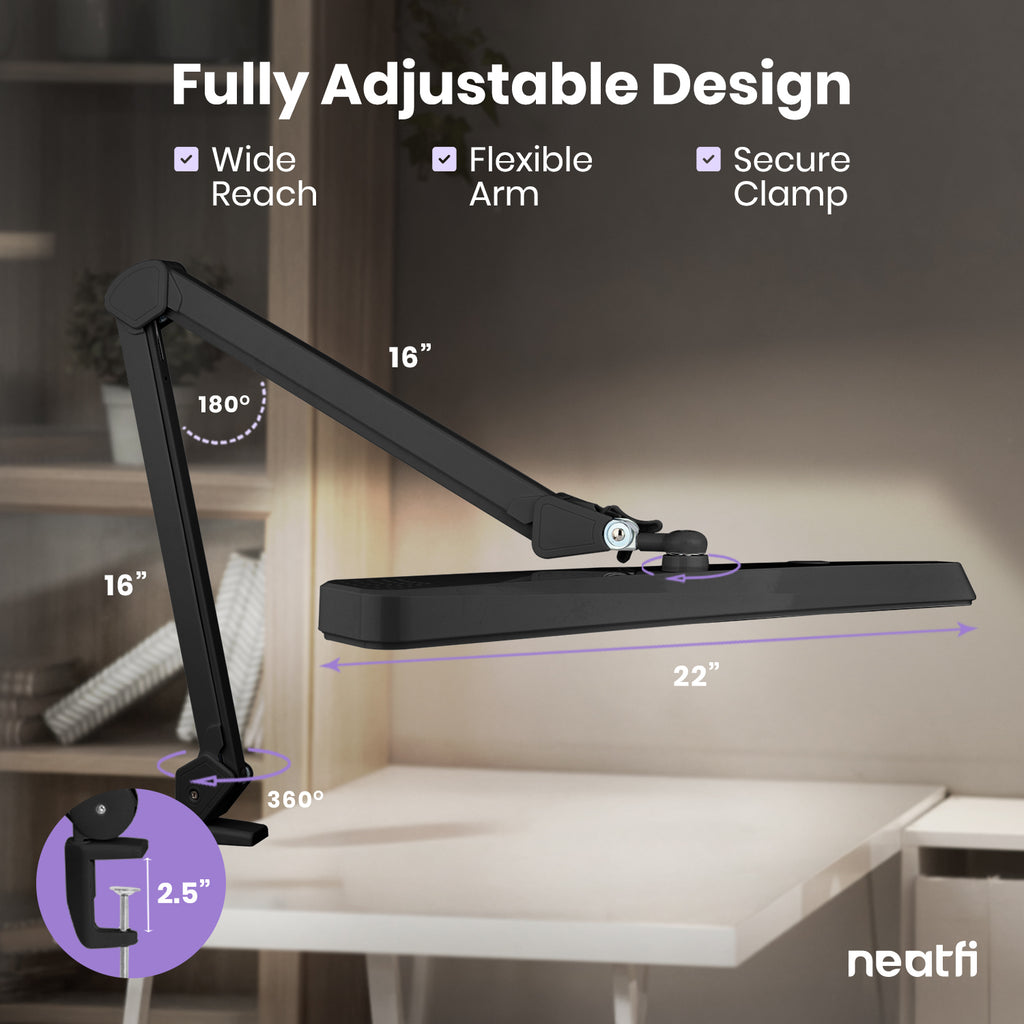 2500 Lumens LED Desk Lamp with Clamp – 22" Wide Shade, 5 Color Modes for Nails & Crafts, Black