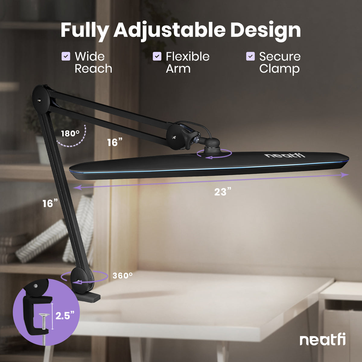 2200 Lumens LED Desk Lamp with Clamp – 23" Wide, 3 Light Modes for Workbench & Home Office, Black