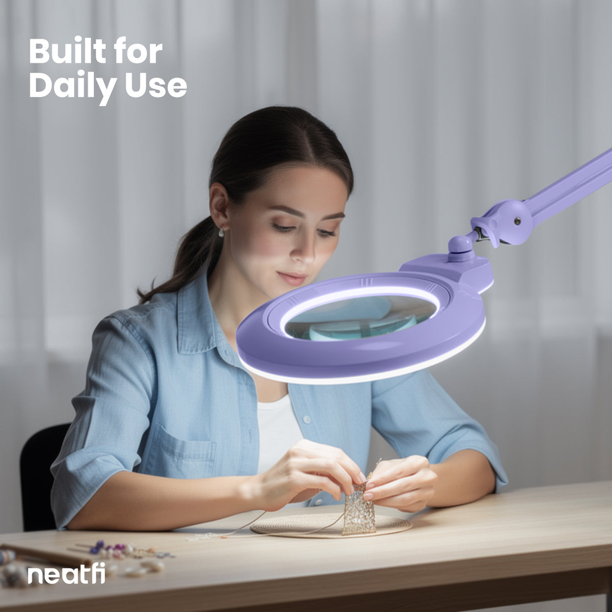 7” Wide Acrylic Lens LED Magnifying Lamp with Clamp – 1600 Lumens, Dimmable for Close Works, Lavender
