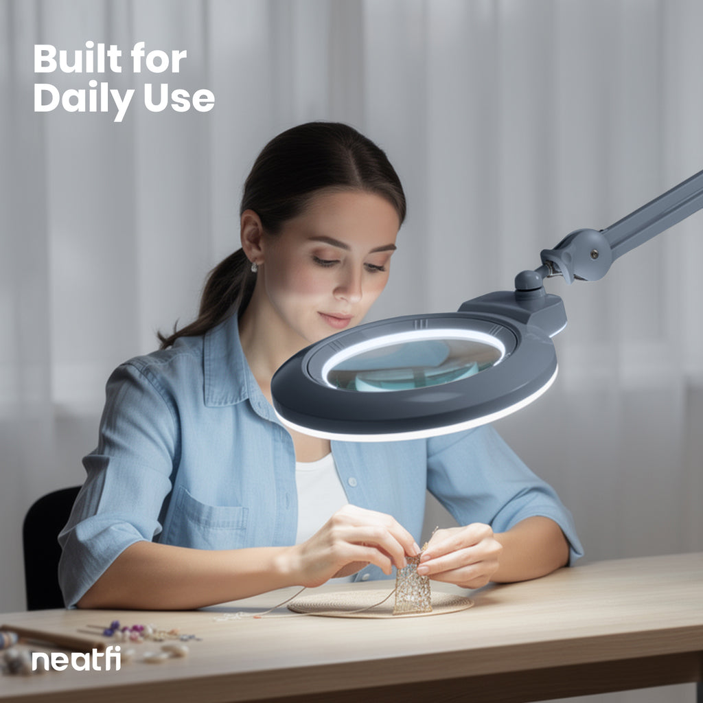 7” Wide Acrylic Lens LED Magnifying Lamp with Clamp – 1600 Lumens, Dimmable for Close Works, Gray