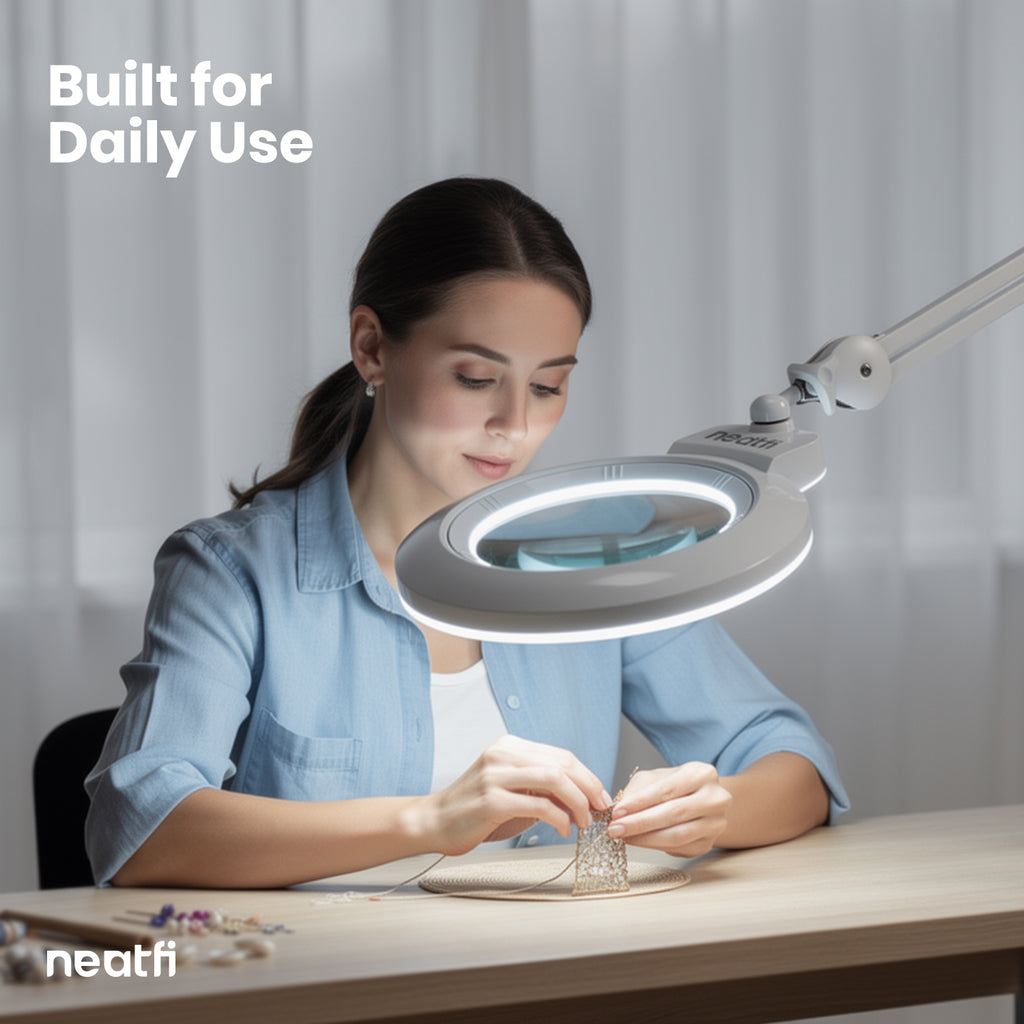 7” Wide Glass Lens LED Magnifying Lamp with Clamp – 1600 Lumens, Dimmable for Close Works, White