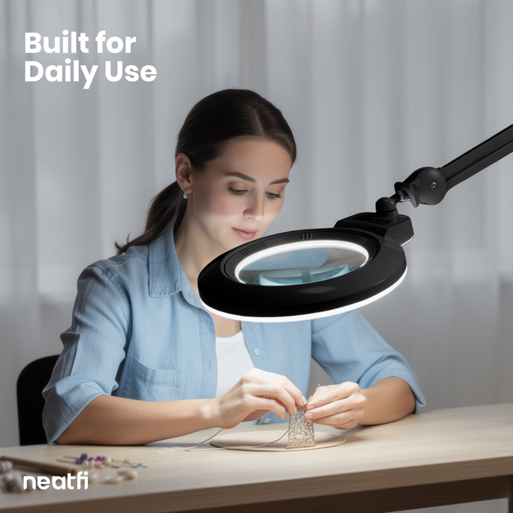 7” Wide Acrylic Lens LED Magnifying Lamp with Clamp – 1600 Lumens, Dimmable for Close Works, Black