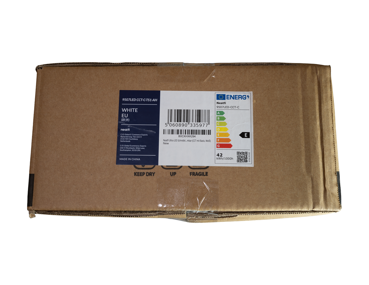 front view of neatfi brown box packaging with sticker label and energy label