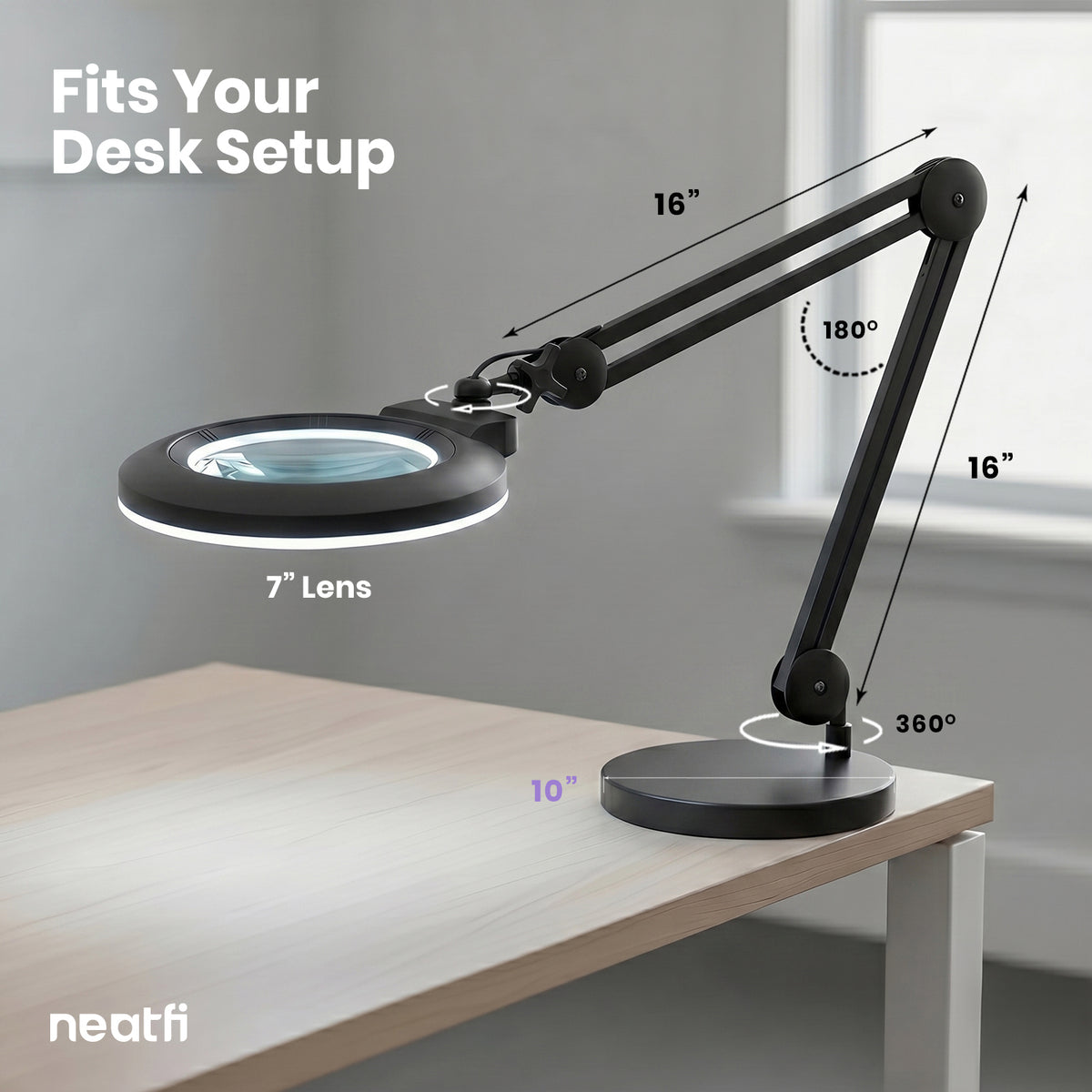 7” Wide Acrylic Lens LED Magnifying Lamp with Base – 1600 Lumens, Dimmable for Close Works, Black