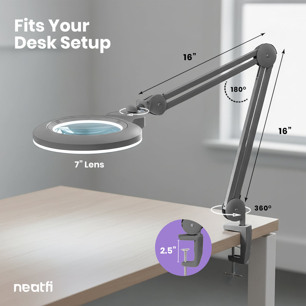 7” Wide Acrylic Lens LED Magnifying Lamp with Clamp – 1600 Lumens, Dimmable for Close Works, Silver