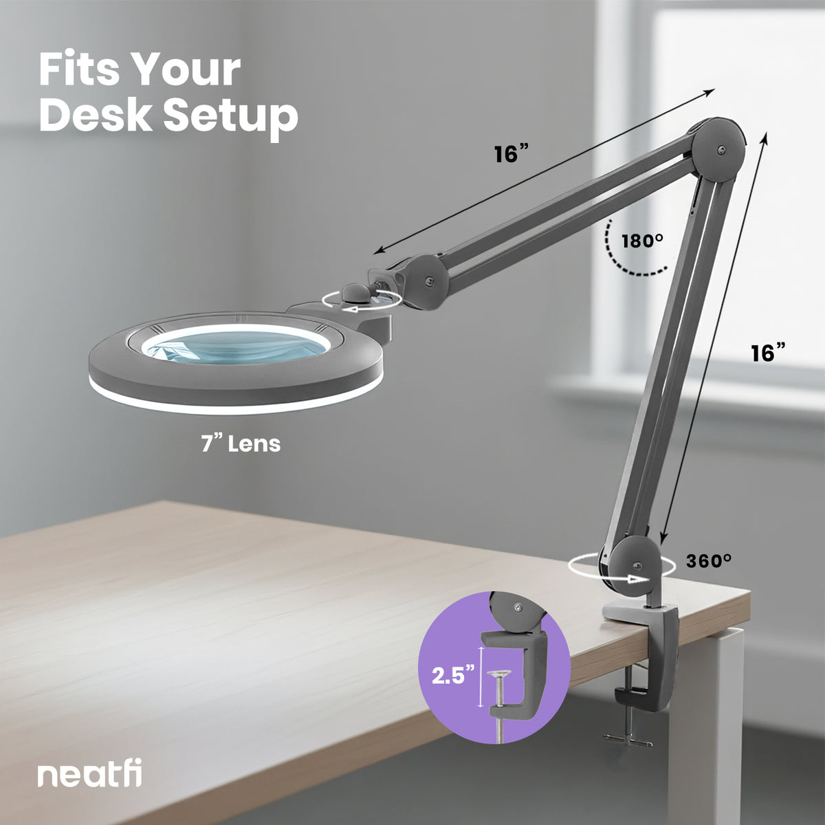 7” Wide Acrylic Lens LED Magnifying Lamp with Clamp – 1600 Lumens, Dimmable for Close Works, Silver