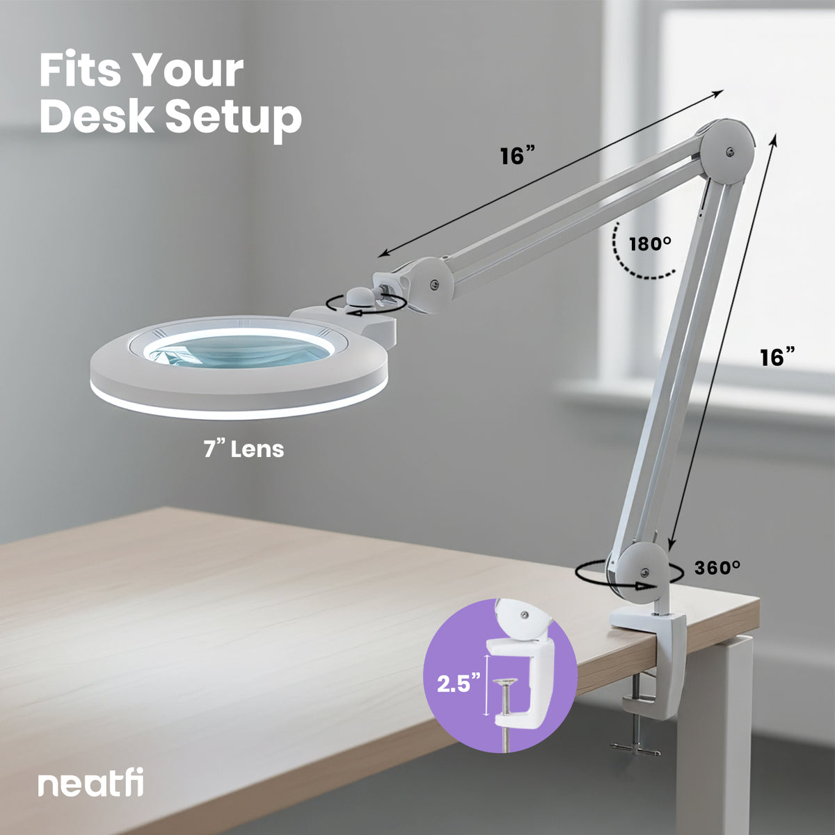 7” Wide Glass Lens LED Magnifying Lamp with Clamp – 1600 Lumens, Dimmable for Close Works, White