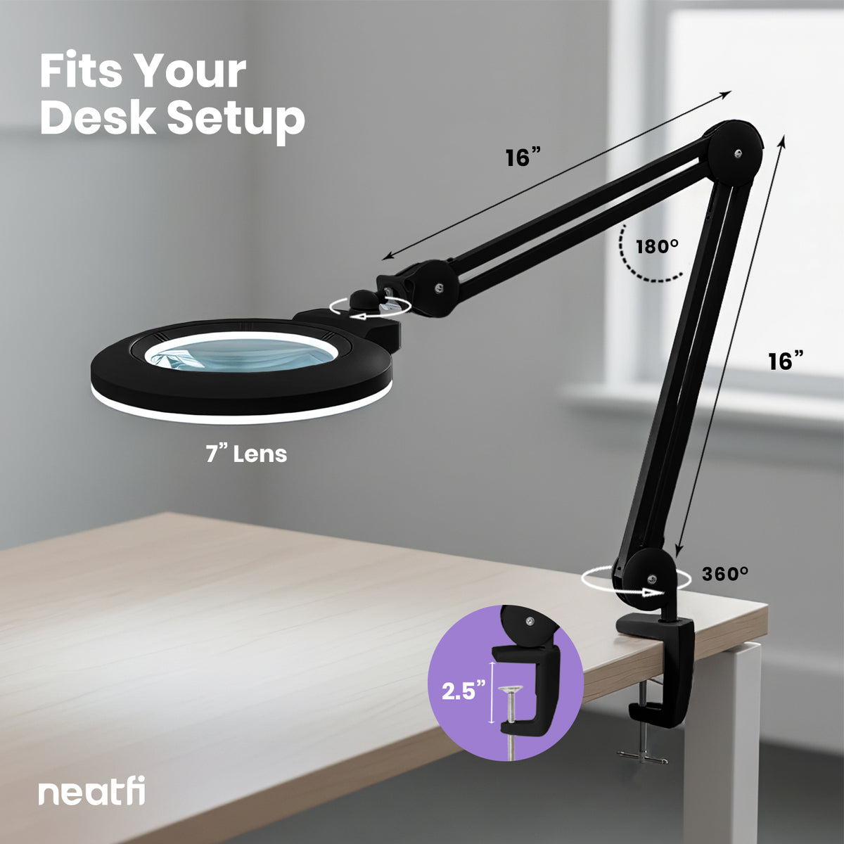 7” Wide Acrylic Lens LED Magnifying Lamp with Clamp – 1600 Lumens, Dimmable for Close Works, Black
